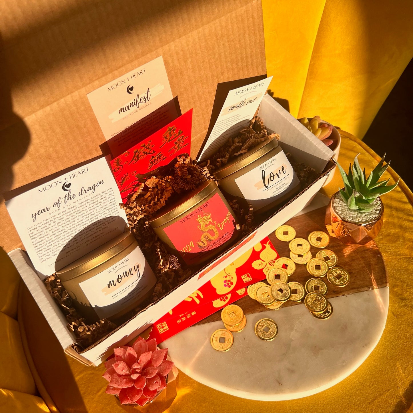 Year of the dragon 2024 gift box with moey and love candles
