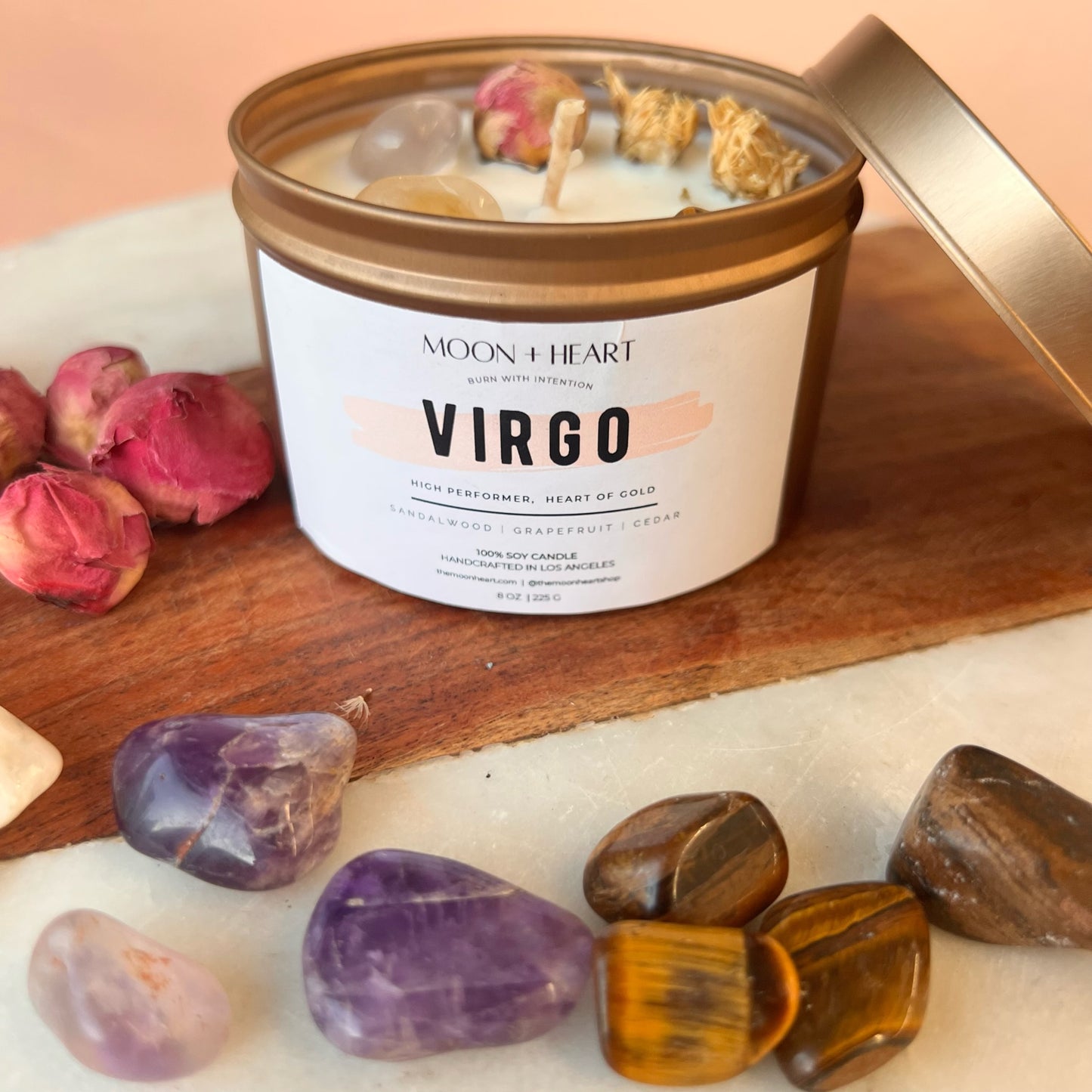 VIRGO zodiac sign Intention Candle w/ Crystal | Dried Flower Candles | Homemade candles | Manifestation Candle