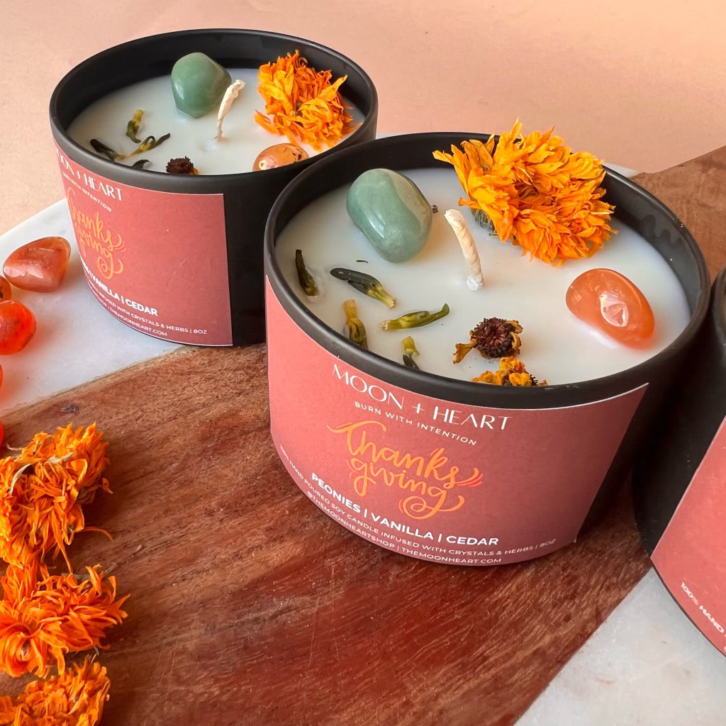 THANKSGIVING Intention Candle with crystals | Manifestation Candle | Cool Candles | Crystal Infused Candle