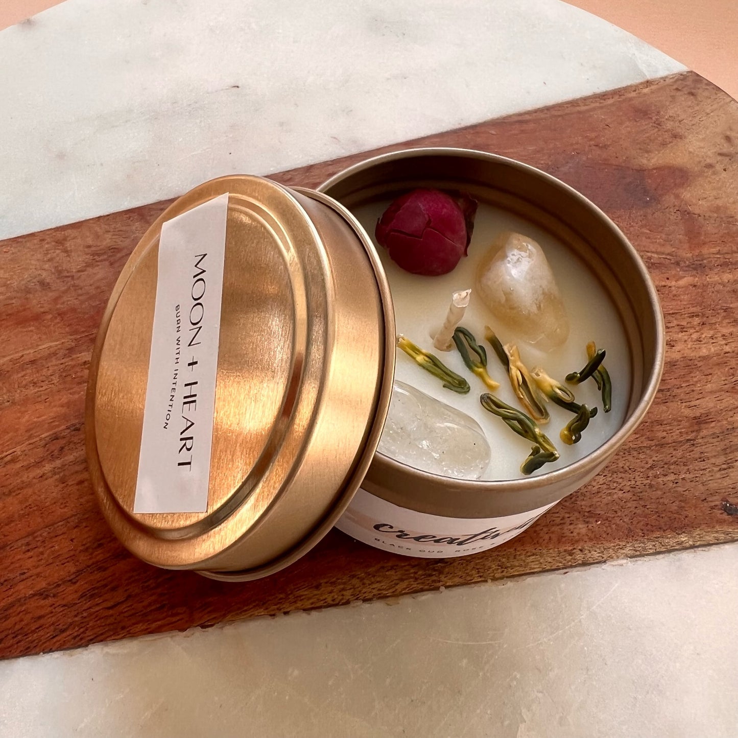 CREATIVITY Intention Soy Wax Candle | Amethyst, Clear Quartz & Citrine | Scent: Black Oud, Rose & Tangerine