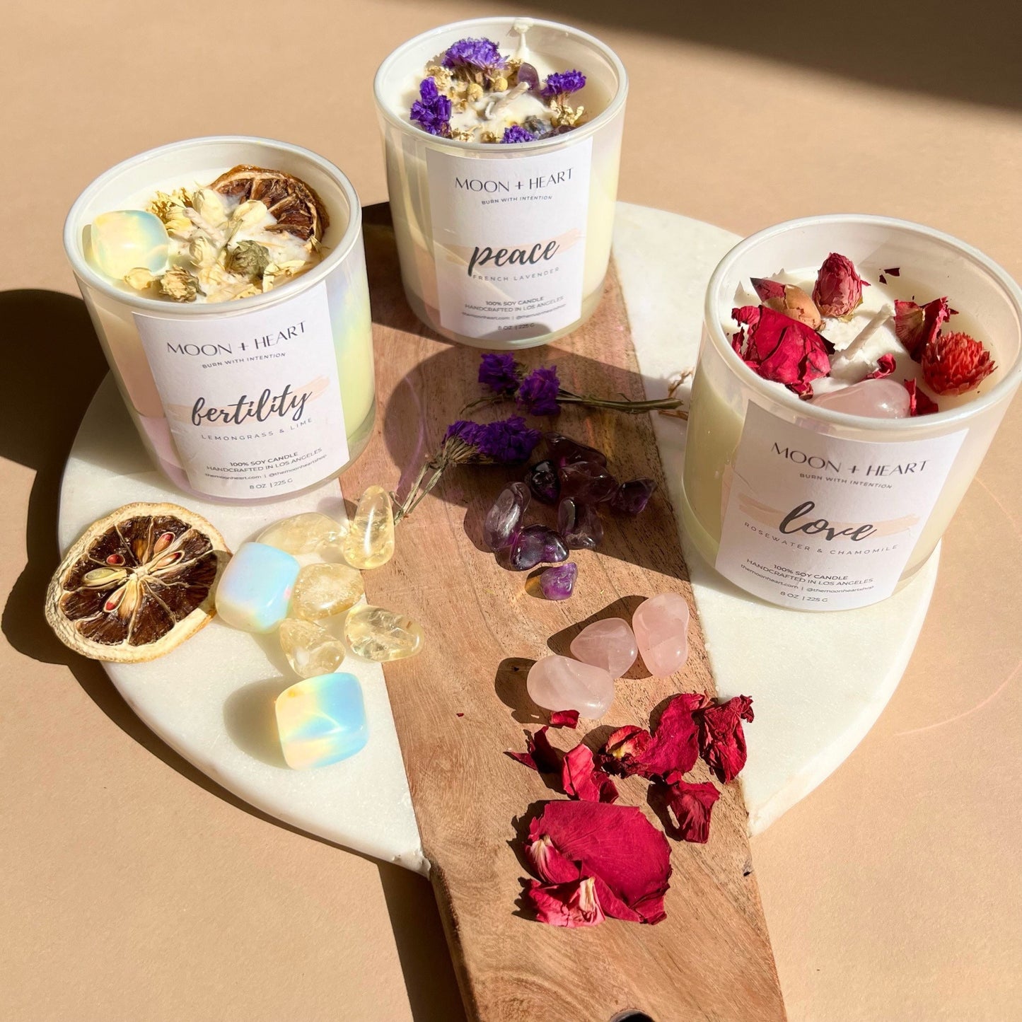 Gift Set of 3 candles: LOVE- PEACE- FERTILITY- 3 Intention Organic Soy Wax Candles - Homemade candles, Christmas gift, Crystal candle