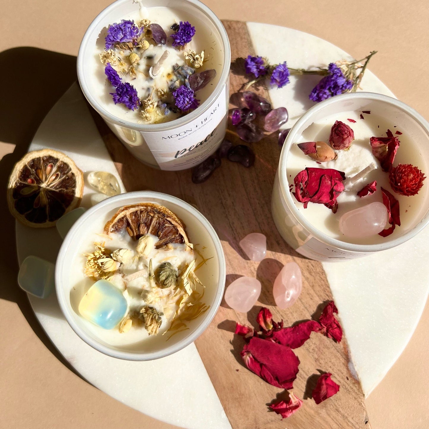 Gift Set of 3 candles: LOVE- PEACE- FERTILITY- 3 Intention Organic Soy Wax Candles - Homemade candles, Christmas gift, Crystal candle