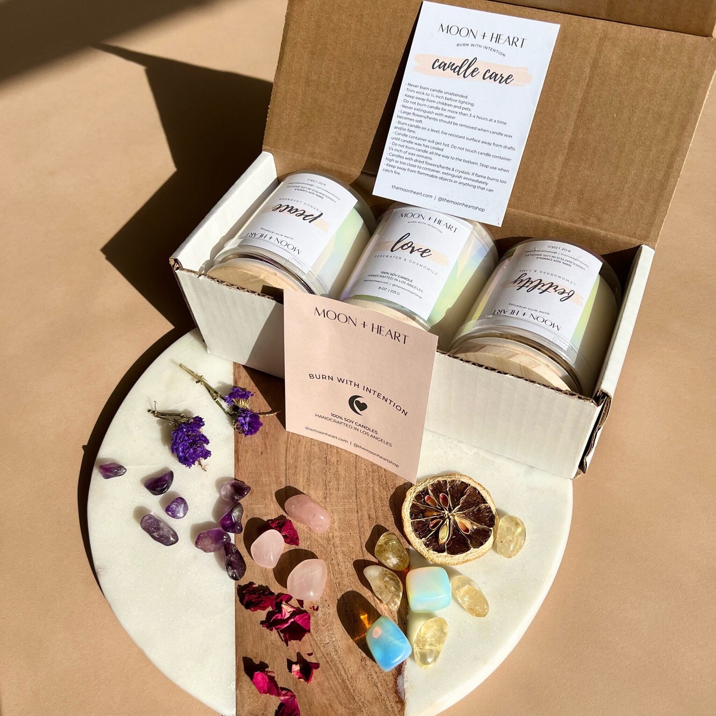 Gift Set of 3 candles: LOVE- PEACE- FERTILITY- 3 Intention Organic Soy Wax Candles - Homemade candles, Christmas gift, Crystal candle