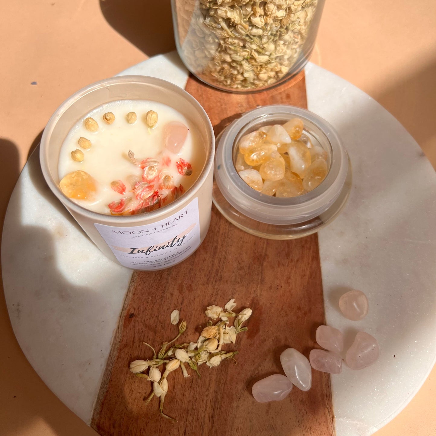 INFINITY LOVE  Bridal Intention Soy Wax Candle | Rose Quartz + Citrine | Scent: Lavender Brown Butter Cake