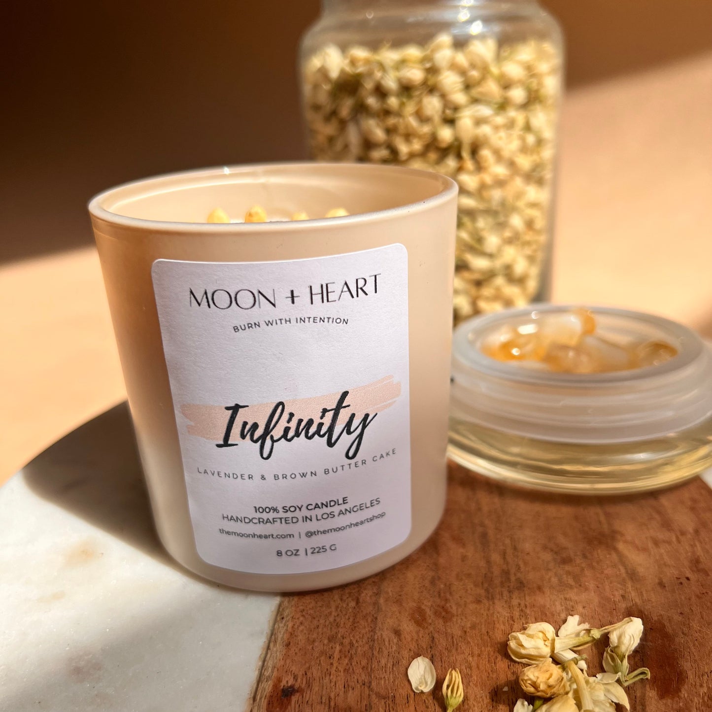INFINITY LOVE  Bridal Intention Soy Wax Candle | Rose Quartz + Citrine | Scent: Lavender Brown Butter Cake