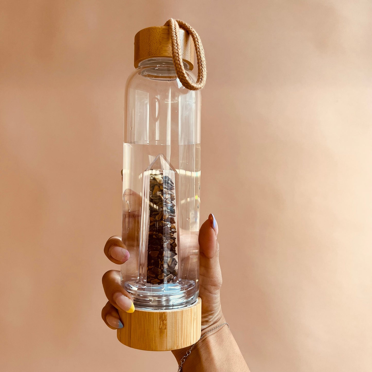 Chakra Energized Point Reiki Gemstone Tiger's Eye Hand-made Energy Wooden Crystal Healing Water Bottle With Protection Case Gift