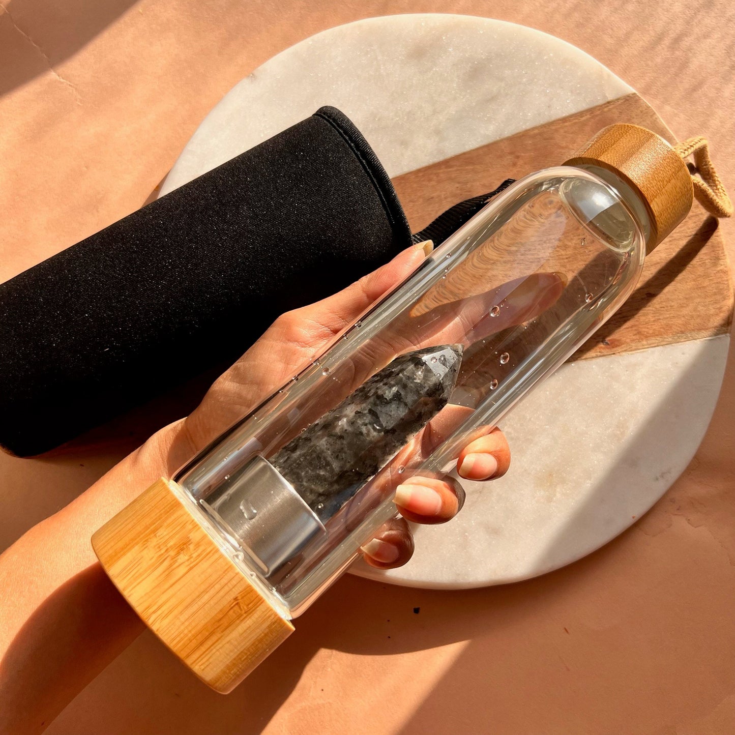 Chakra Energized Point Reiki Gemstone Tiger's Eye Hand-made Energy Wooden Crystal Healing Water Bottle With Protection Case Gift