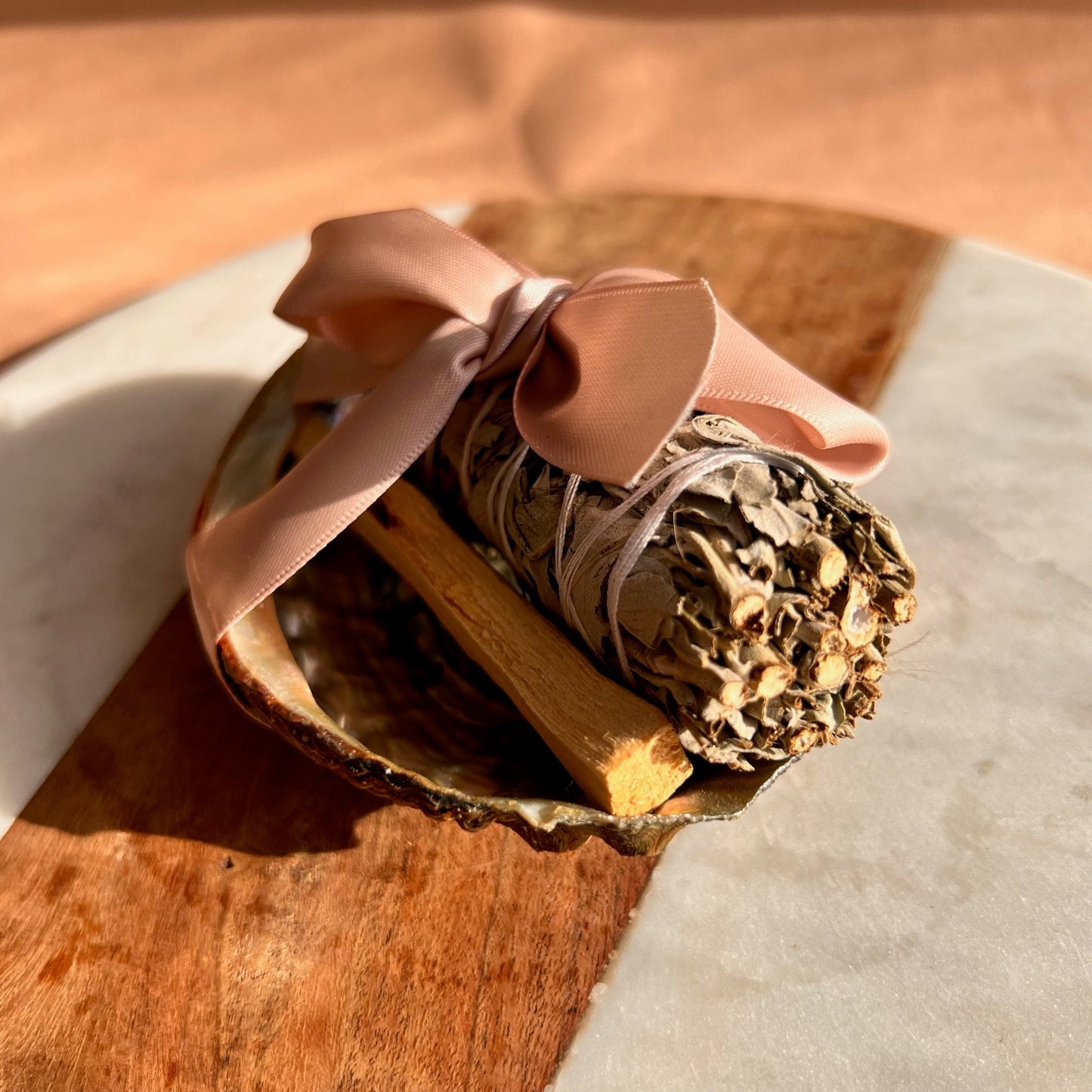 Smudging kit with abalone, palo santo stick and white sage