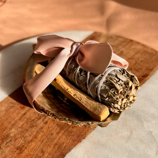 Smudging kit with abalone, palo santo stick and white sage