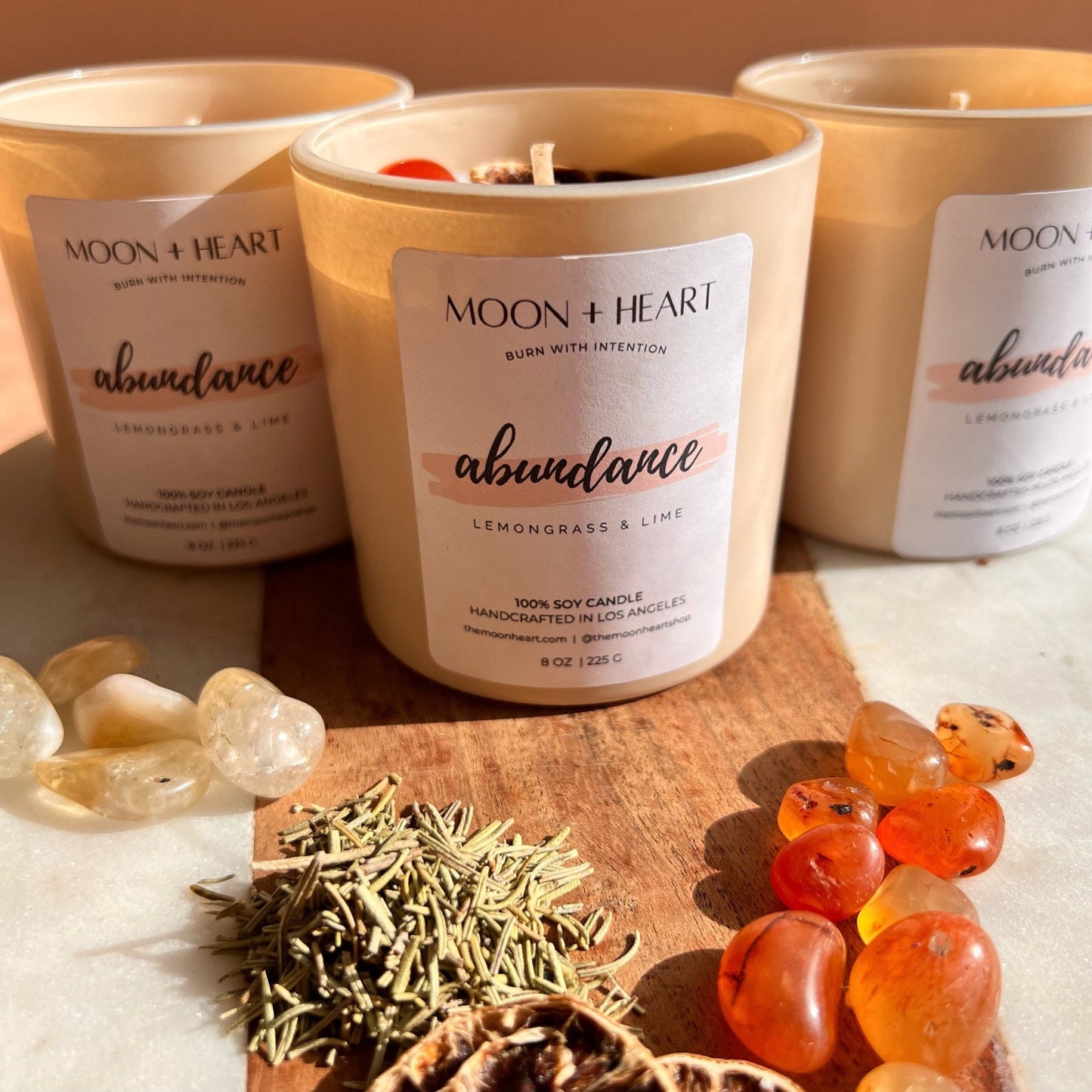 ABUNDANCE Intention Candle | Carnelian, Citrine | Scent: Lemongrass & Citrus