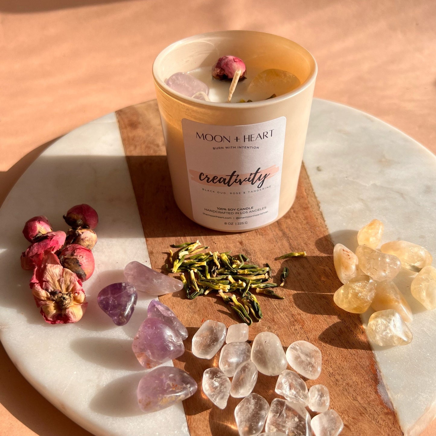 CREATIVITY Intention Soy Wax Candle | Amethyst, Clear Quartz & Citrine | Scent: Black Oud, Rose & Tangerine