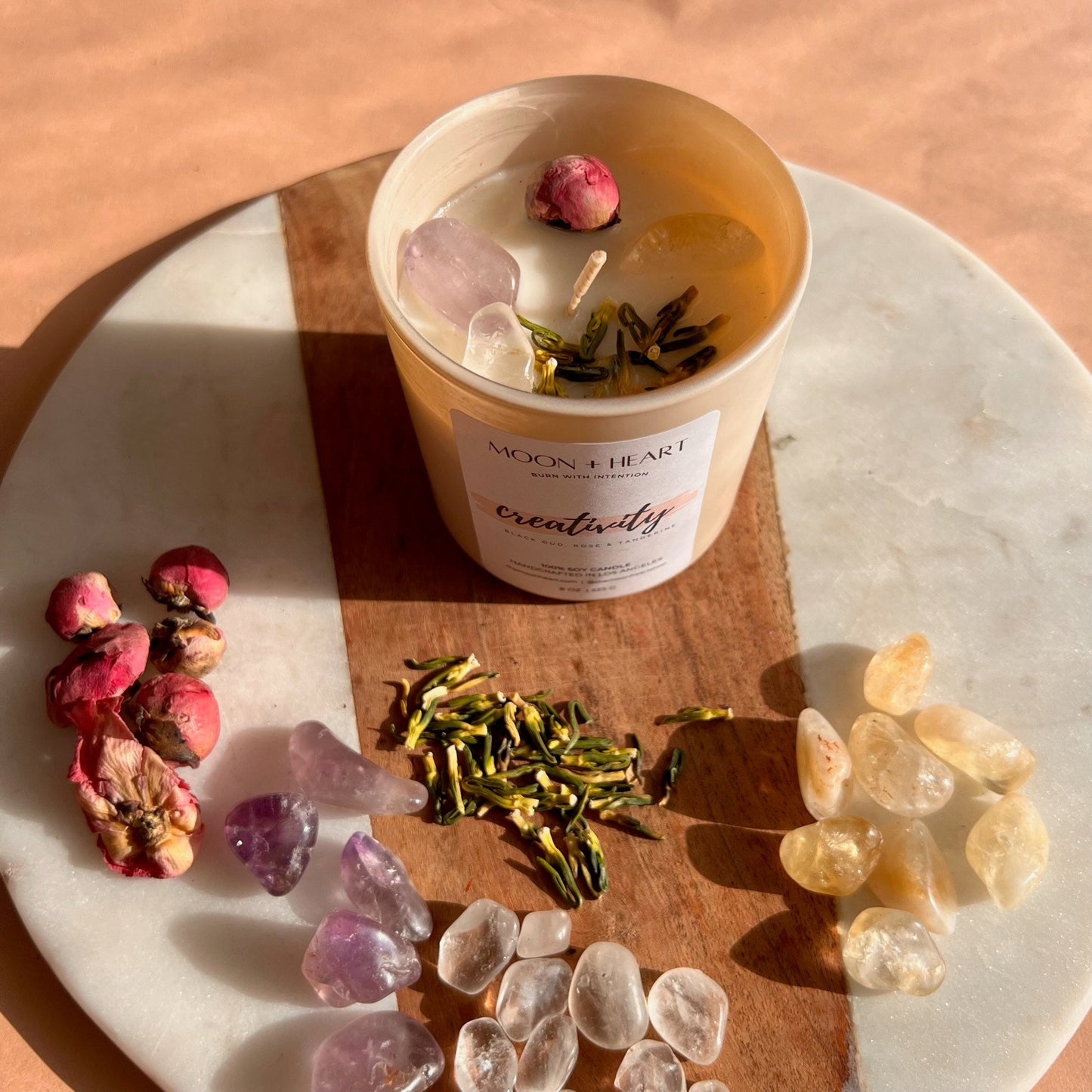 CREATIVITY Intention Soy Wax Candle | Amethyst, Clear Quartz & Citrine | Scent: Black Oud, Rose & Tangerine