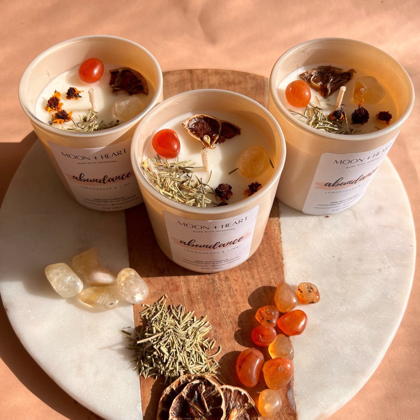 ABUNDANCE Intention Candle | Carnelian, Citrine | Scent: Lemongrass & Citrus