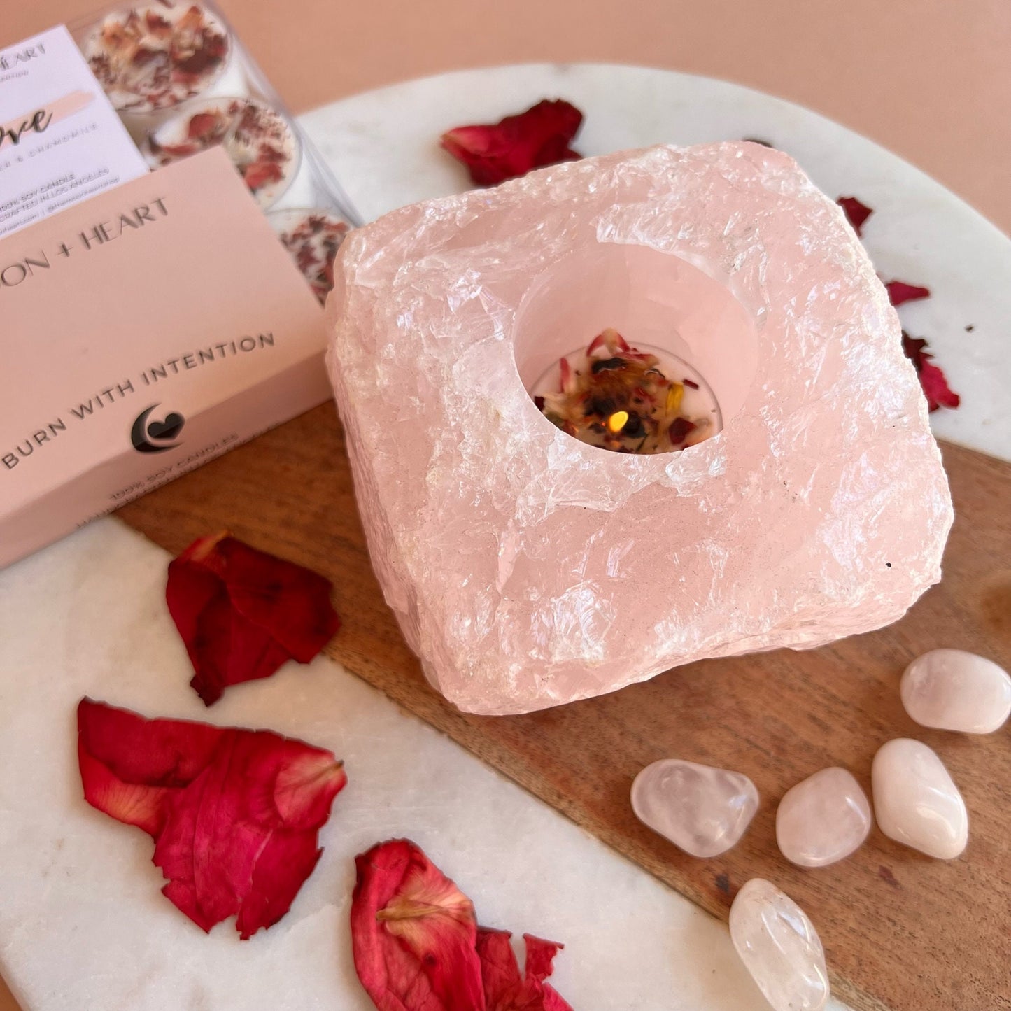 Raw Rose Quartz Chunk  for Tea light candles | Tea light Holder | Rose Quartz | Altar Candles holder
