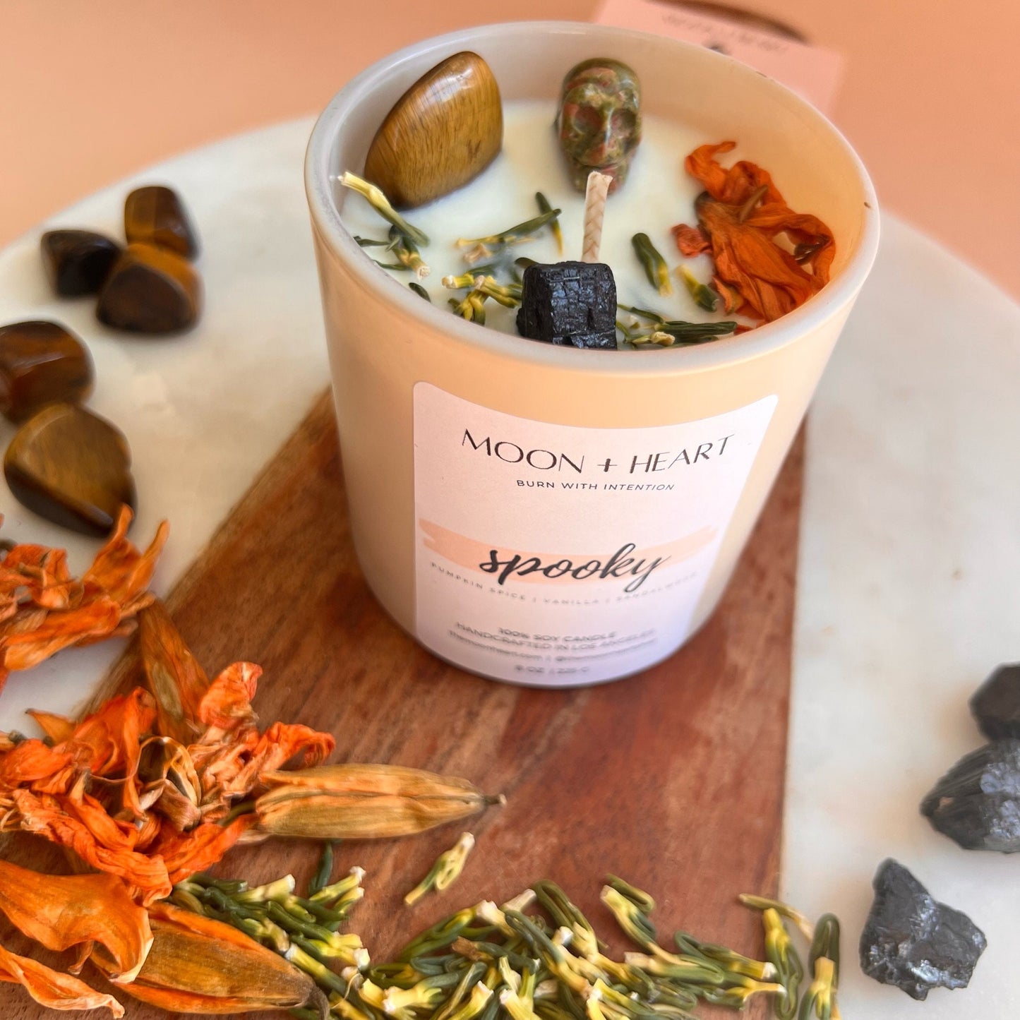 SPOOKY HORROR HALLOWEEN Candle with Unakite Crystal Skull | Soy Wax Intention Candle | Manifestation Candle with Crystals