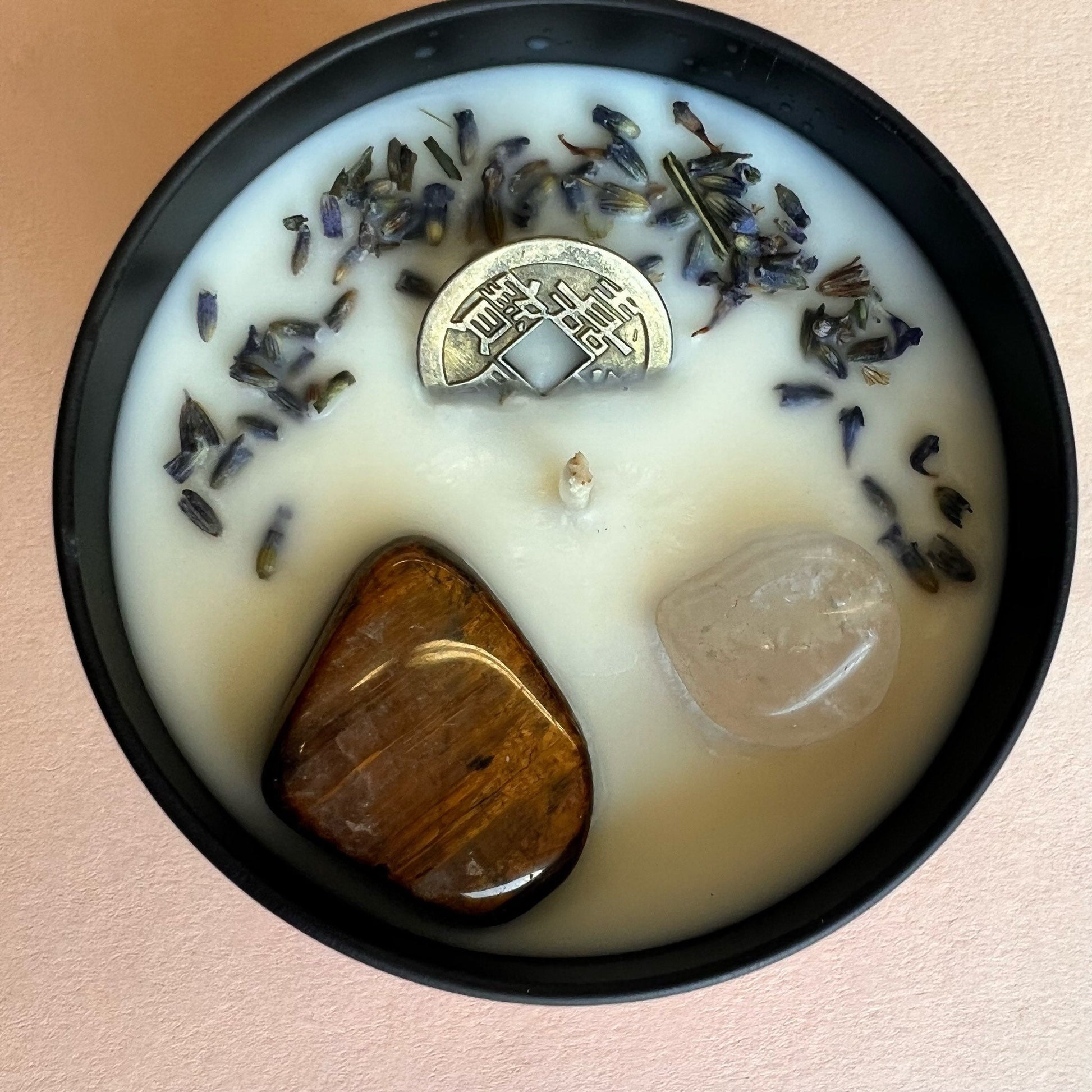 chinese zodiac candle tiger sign infused with feng shui coin and crystals, scented sage lavender lotus and lemongras