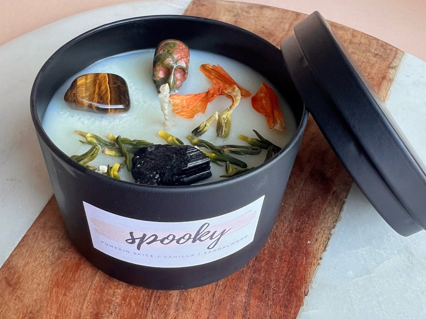 SPOOKY HORROR HALLOWEEN Candle with Unakite Crystal Skull | Soy Wax Intention Candle | Manifestation Candle with Crystals