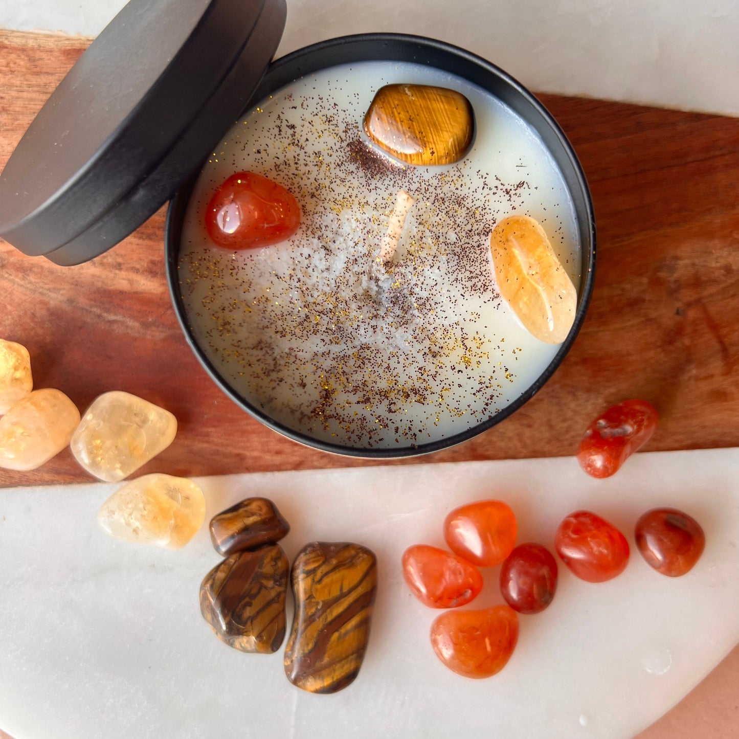 Hello Fall Intention Candle with crystals | Manifestation Candle | Cool Candles | Crystal Infused Candle