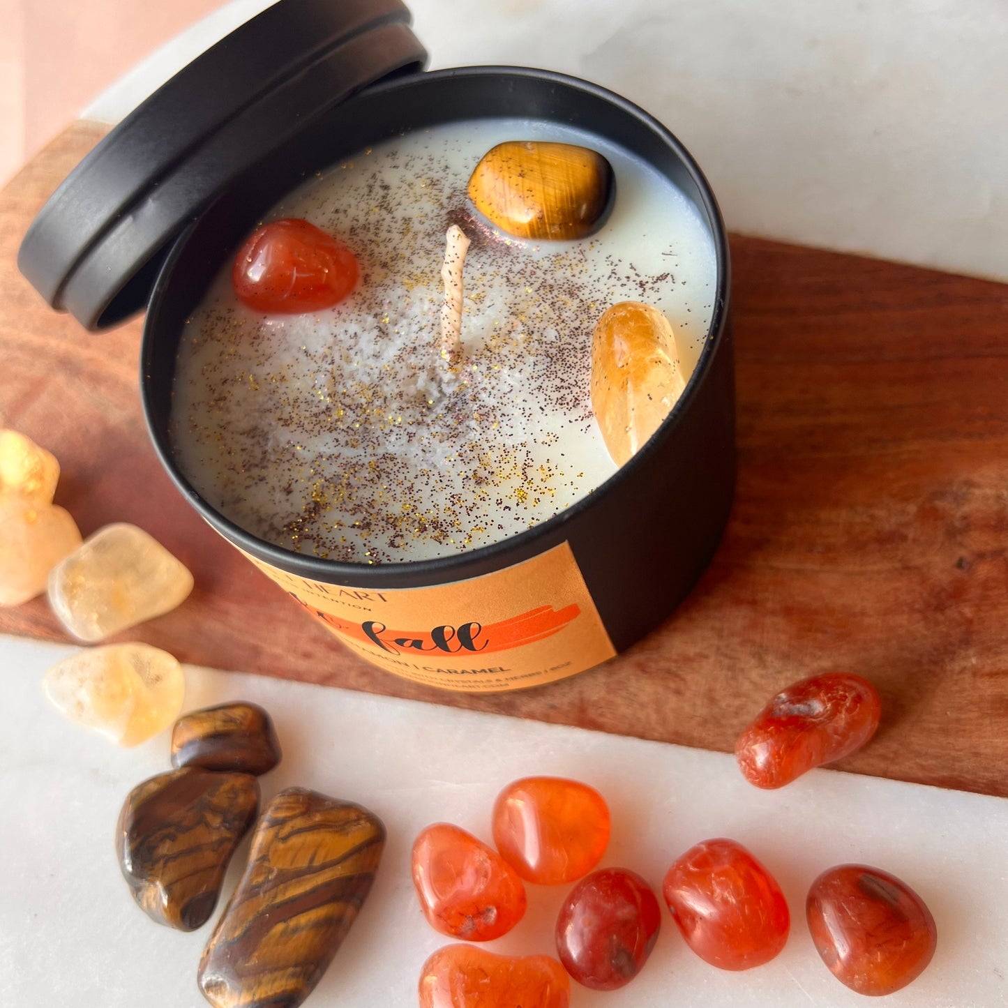 Hello Fall Intention Candle with crystals | Manifestation Candle | Cool Candles | Crystal Infused Candle