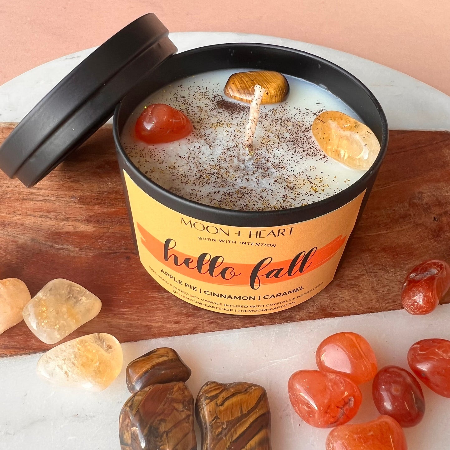 Hello Fall Intention Candle with crystals | Manifestation Candle | Cool Candles | Crystal Infused Candle