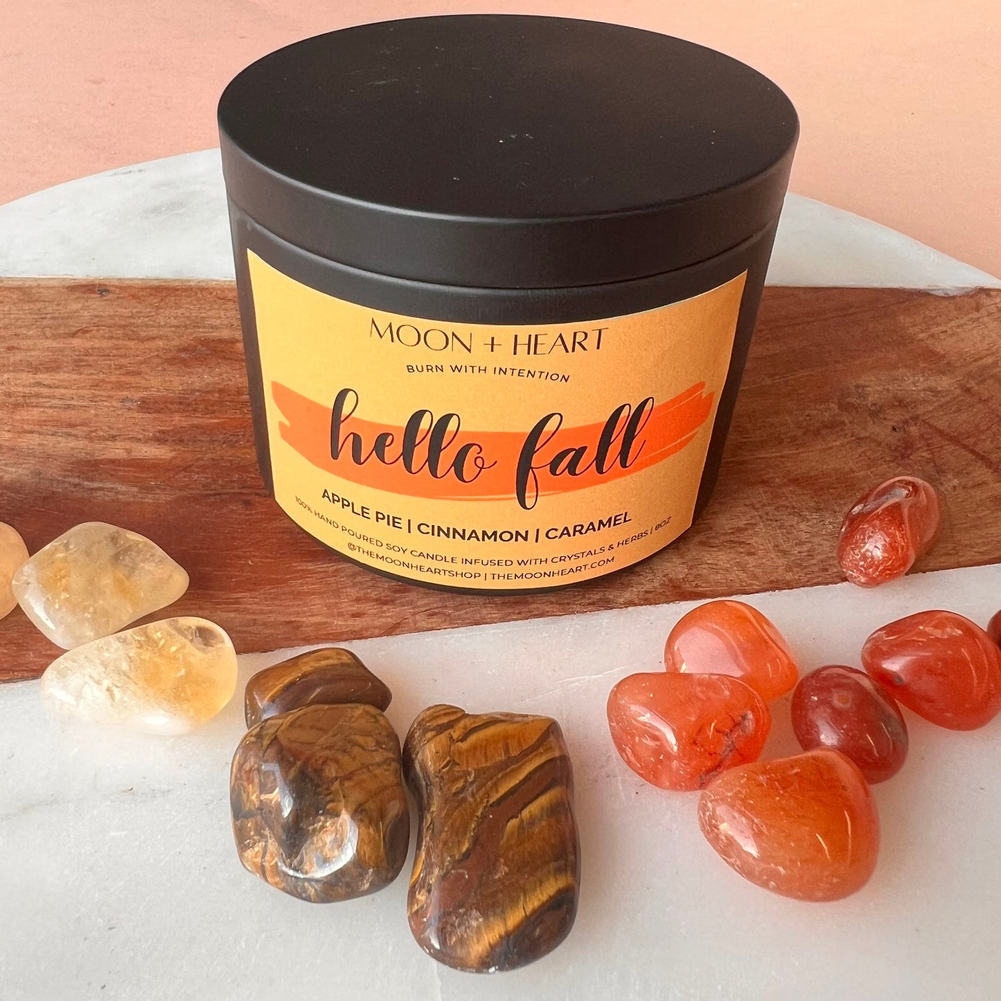 Hello Fall Intention Candle with crystals | Manifestation Candle | Cool Candles | Crystal Infused Candle