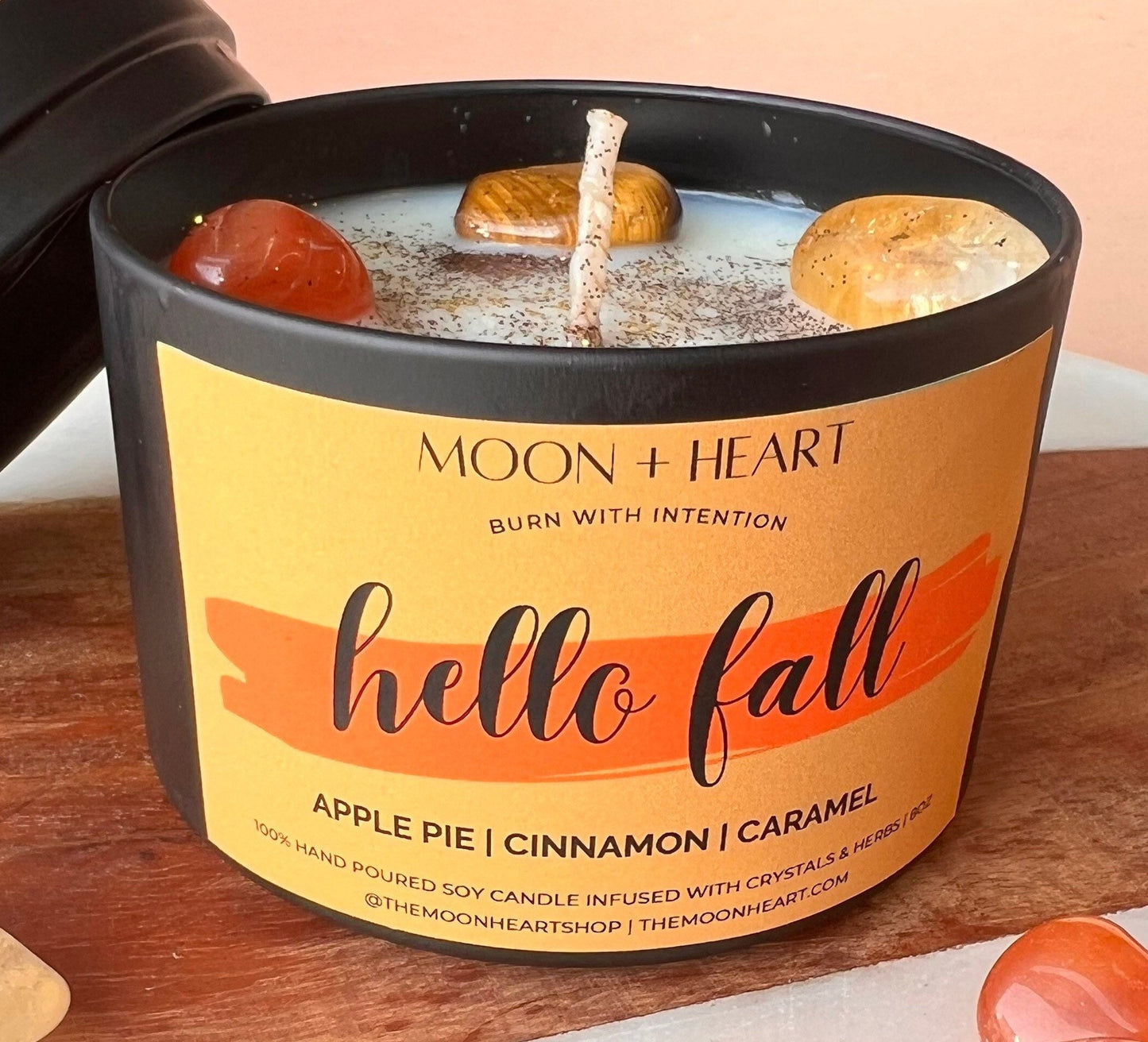Hello Fall Intention Candle with crystals | Manifestation Candle | Cool Candles | Crystal Infused Candle