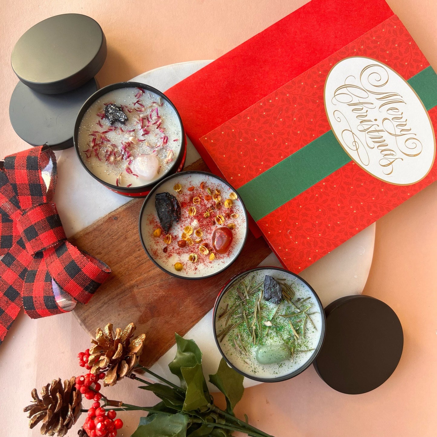 Christmas Holiday Candle Trio | Intention Candle |Homemade candles | Manifestation Candle | Crystal Infused Candle