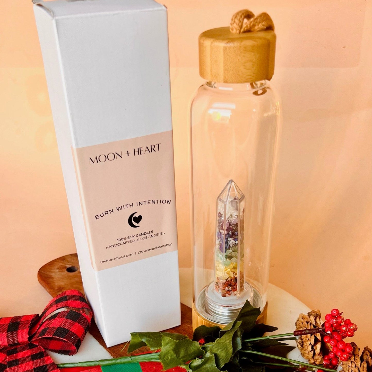 7 Chakra Crystal Water Bottle with case | Crystal Infused Water | Moon Water | Glass Water bottle