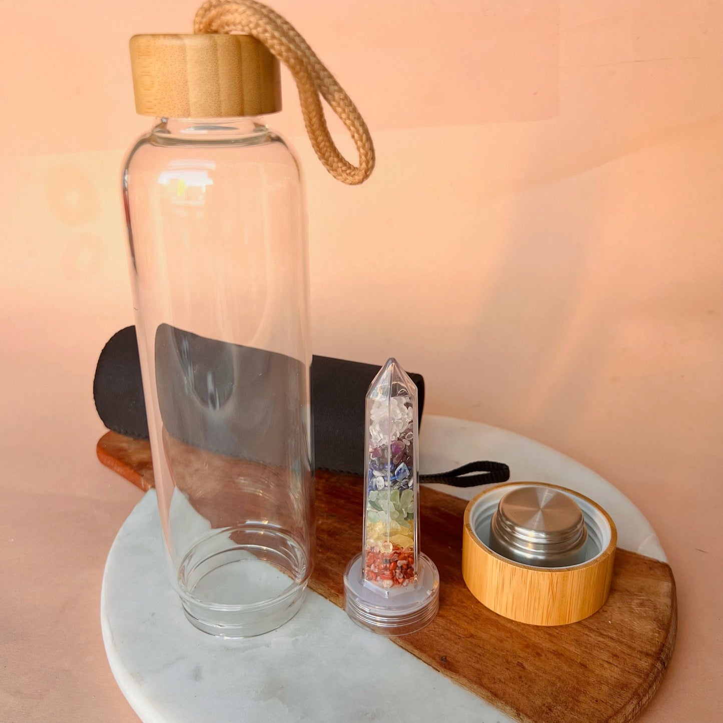 7 Chakra Crystal Water Bottle with case | Crystal Infused Water | Moon Water | Glass Water bottle