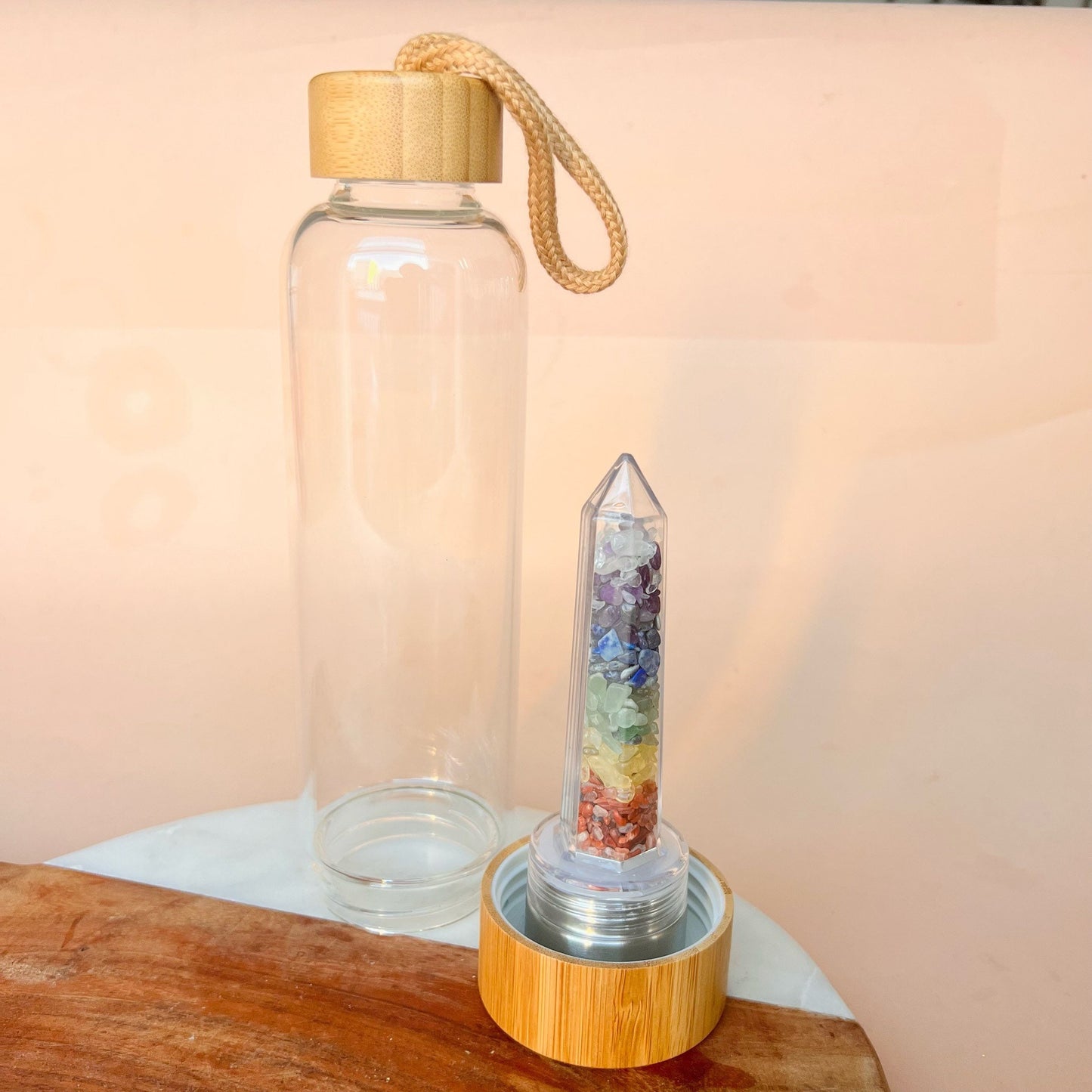 7 Chakra Crystal Water Bottle with case | Crystal Infused Water | Moon Water | Glass Water bottle