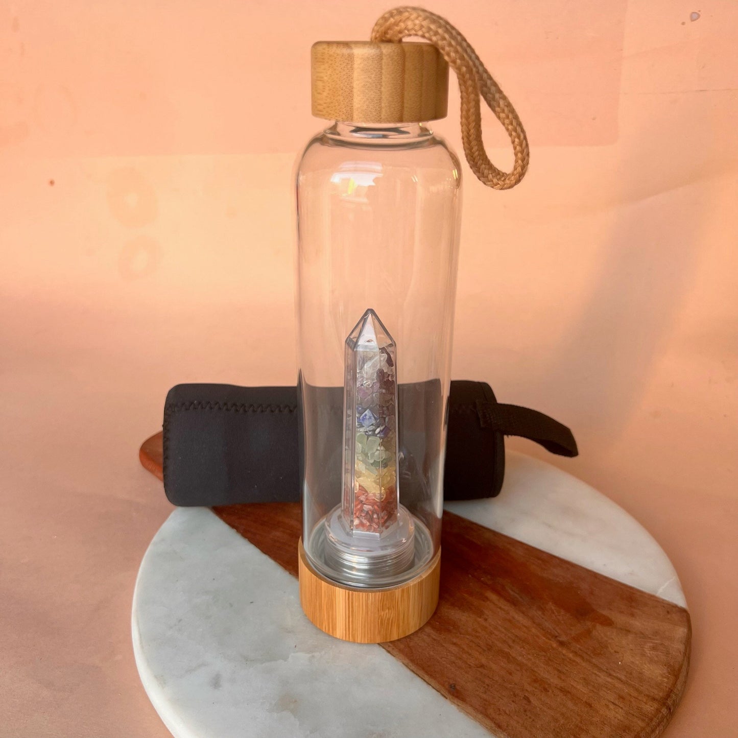 7 Chakra Crystal Water Bottle with case | Crystal Infused Water | Moon Water | Glass Water bottle