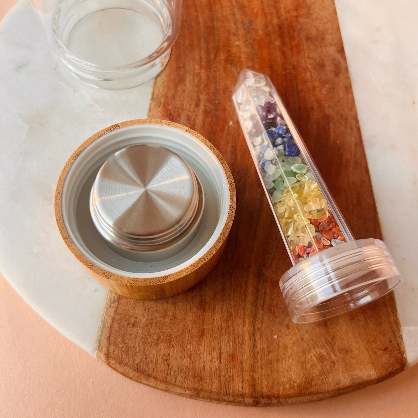 7 Chakra Crystal Water Bottle with case | Crystal Infused Water | Moon Water | Glass Water bottle