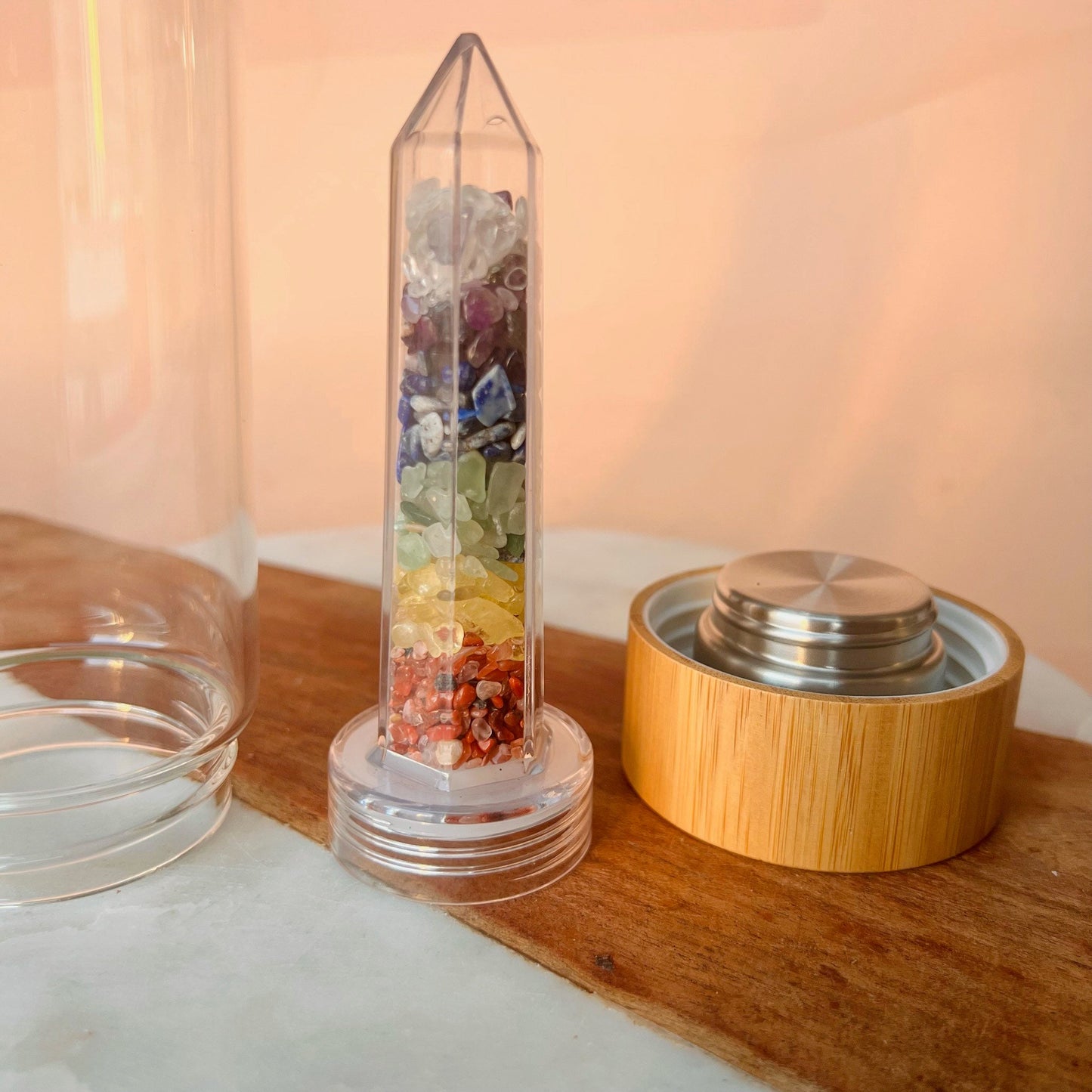7 Chakra Crystal Water Bottle with case | Crystal Infused Water | Moon Water | Glass Water bottle