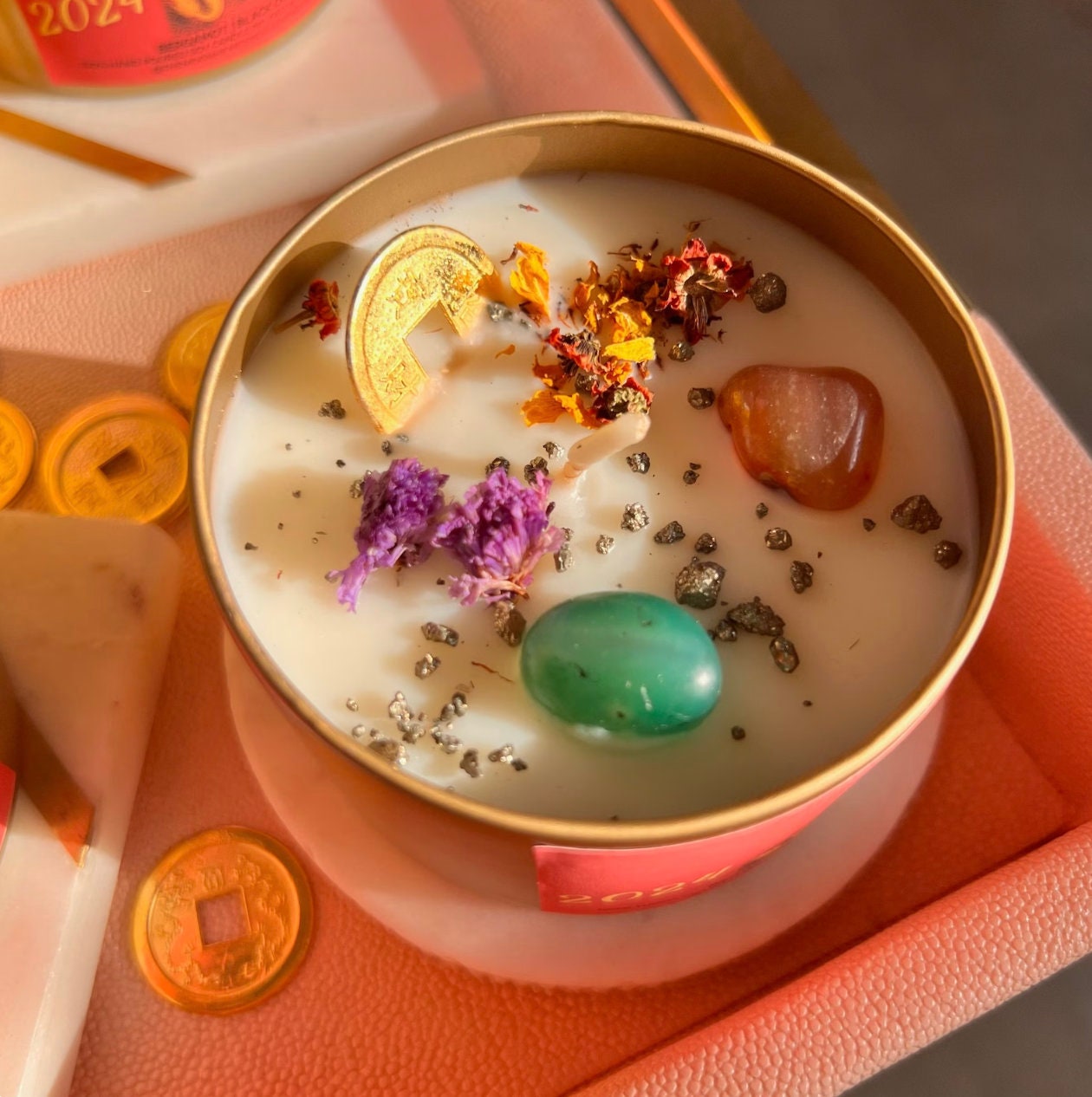 Dragon lunar year Gift Box of 3 Candles | Year of the Dragon |Crystal infused Intention candle | Manifestation Candle