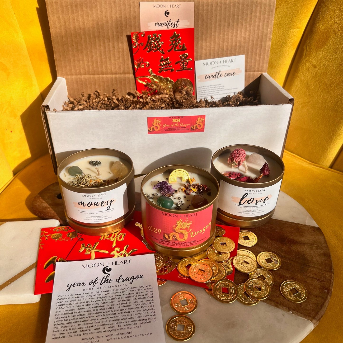 Dragon lunar year Gift Box of 3 Candles | Year of the Dragon |Crystal infused Intention candle | Manifestation Candle