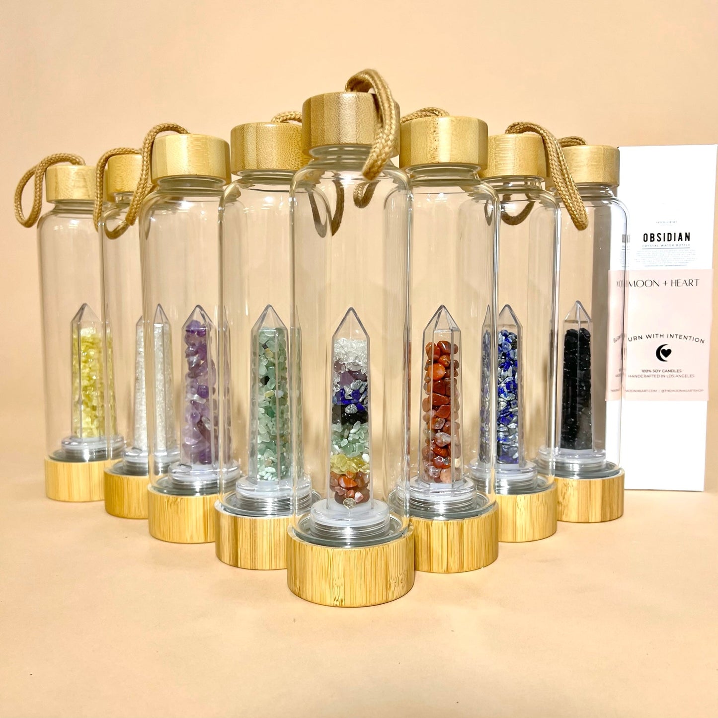 Wholesale Chakra Energized Point Reiki Gemstone Tiger's Eye Hand-made Energy Wooden Crystal Healing Water Bottle With Protection Case Gift