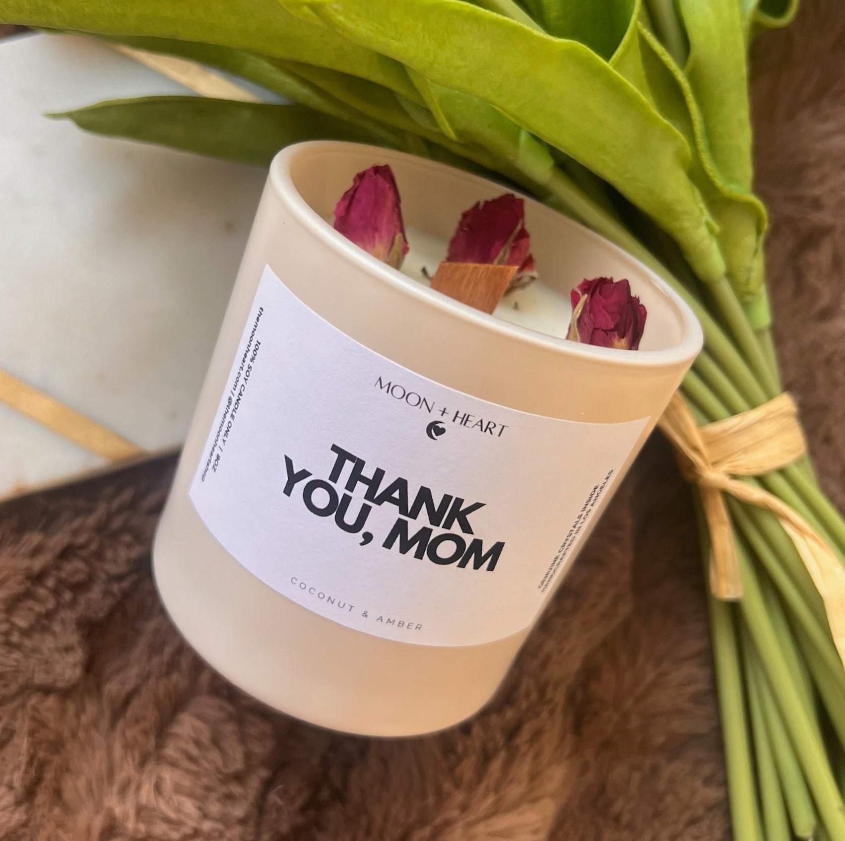 thank you, mom candle, mother's day candle gift , moonheart candle with roses