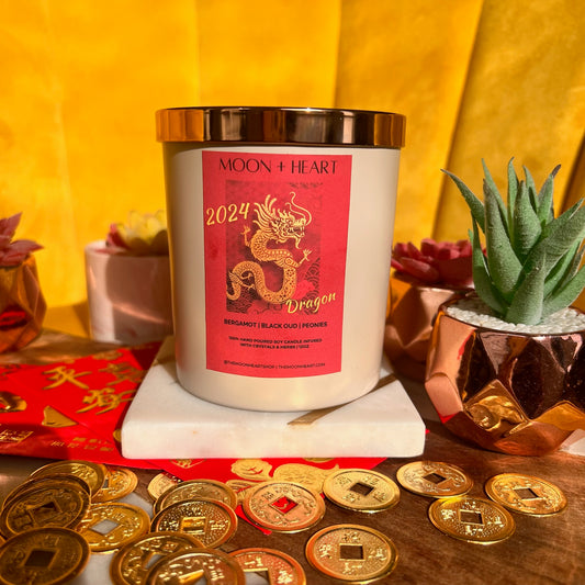 Large Year of the DRAGON 12 oz |  Intention Candle | Manifestation Candle with feng shui coin