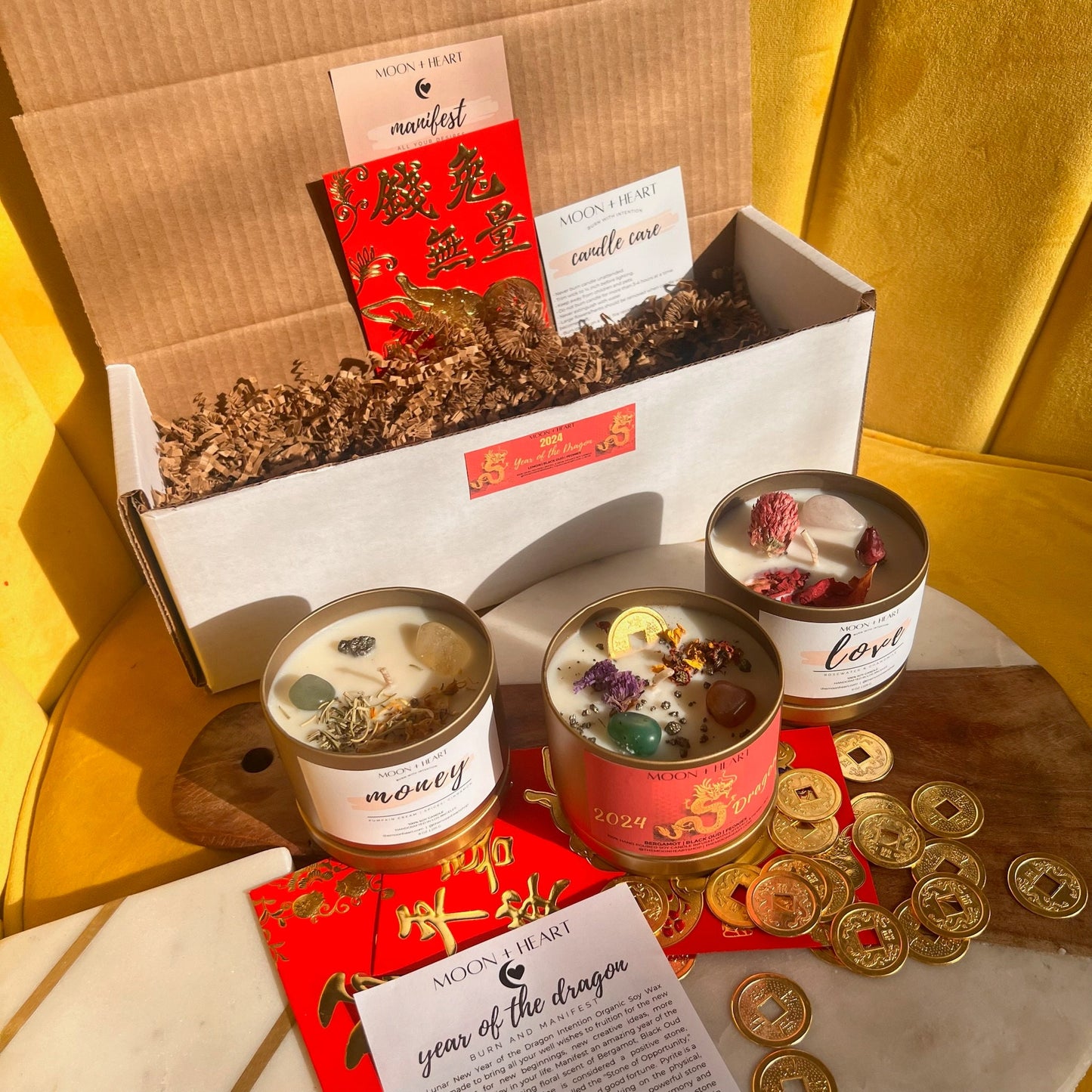 Year of the Dragon 2024 Gift box | Intention Candle | Manifestation candle | Crystal Infused Candle | Self Care Box