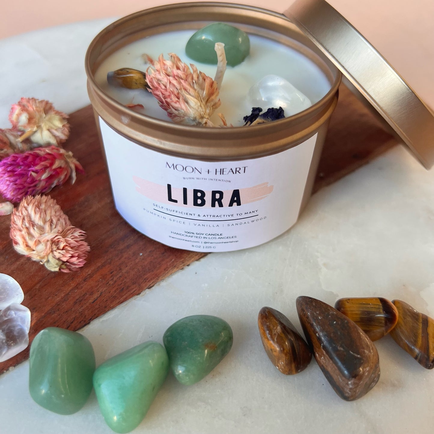 LIBRA zodiac sign Intention Candle w/ Crystal | Dried Flower Candles | Homemade candles | Manifestation Candle