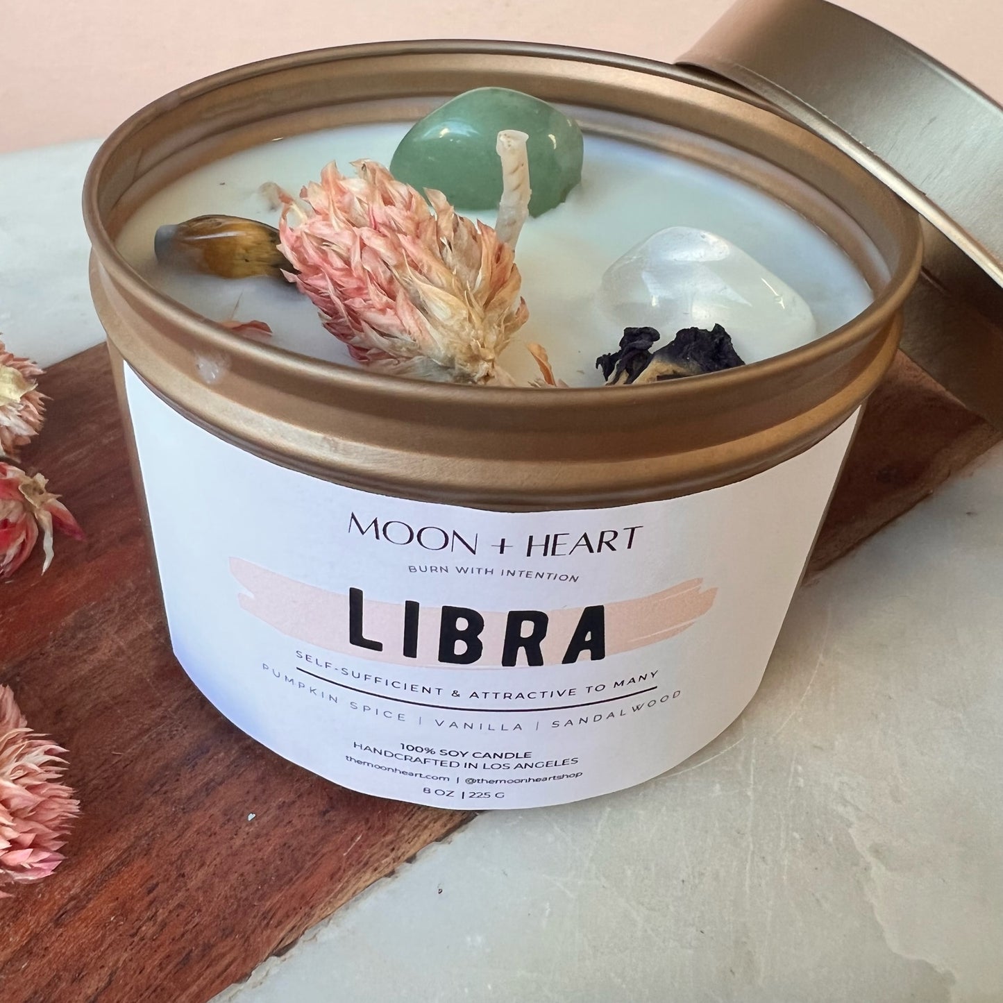 LIBRA zodiac sign Intention Candle w/ Crystal | Dried Flower Candles | Homemade candles | Manifestation Candle