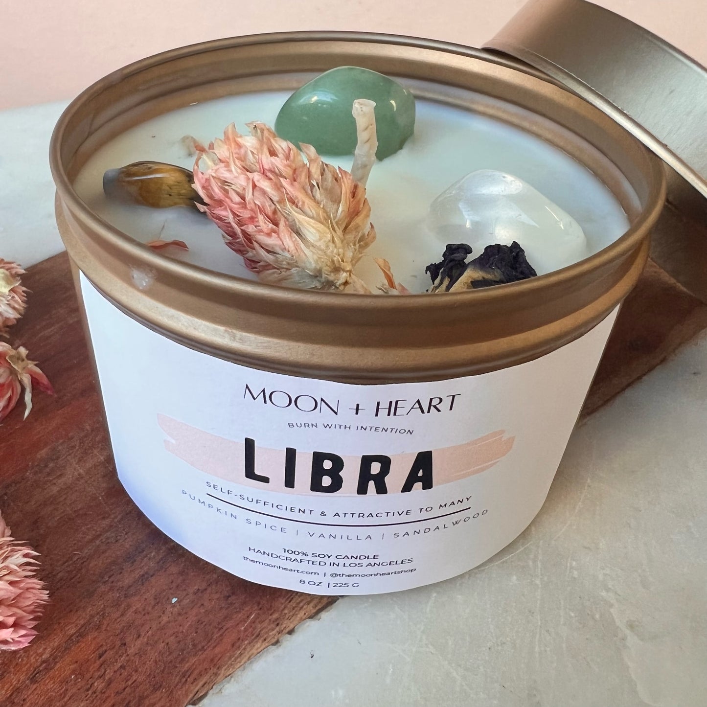 LIBRA zodiac sign Intention Candle w/ Crystal | Dried Flower Candles | Homemade candles | Manifestation Candle