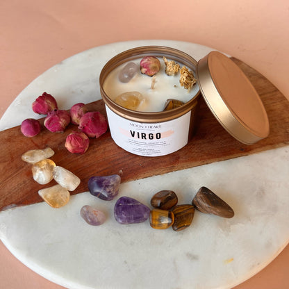 VIRGO zodiac sign Intention Candle w/ Crystal | Dried Flower Candles | Homemade candles | Manifestation Candle