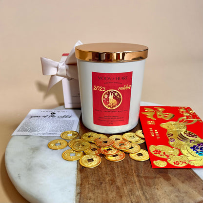 New Year of the RABBIT 2023 |  Intention Candle | Manifestation Candle w/ Pyrite, Tiger's Eye, Citrine