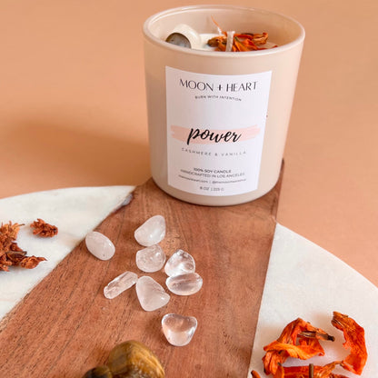 POWER Intention candle with Tiger’s Eye, Clear Quartz | Homemade candles | Manifestation Candle