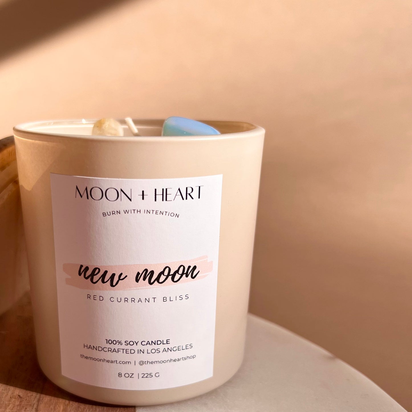 NEW MOON Intention Soy Wax Candle | Moonstone, citrine, clear quartz |  Scent: Red Currant Bliss