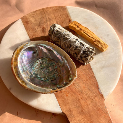 Smudging kit with abalone, palo santo stick and white sage