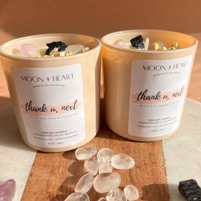 HEALING Intention Soy Wax Candle | Amethyst, Clear Quartz & Black Tourmaline | Scent: Black Oud, Rose & Tangerine