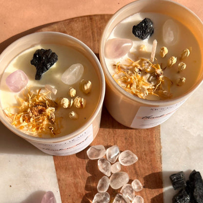 HEALING Intention Soy Wax Candle | Amethyst, Clear Quartz & Black Tourmaline | Scent: Black Oud, Rose & Tangerine