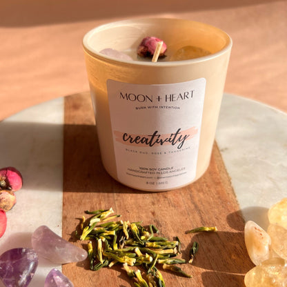 CREATIVITY  Intention Soy Wax Candle | Amethyst, Clear Quartz & Citrine | Scent: Black Oud, Rose & Tangerine